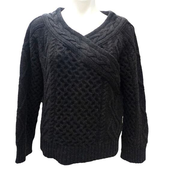 GSTQ Off the Shoulder Cable Knit Sweater Charcoal Grey Superfine Wool Women's S - Picture 5 of 9